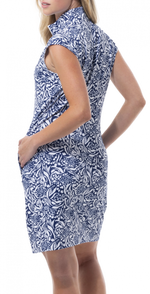 Side image of Sleeveless zip mock dress. Half zip front dress in ivory navy coast. 