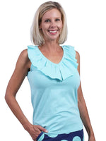 Front image of AnaClare baylor sleeveless ruffle top. V neck sleeveless top in aqua.