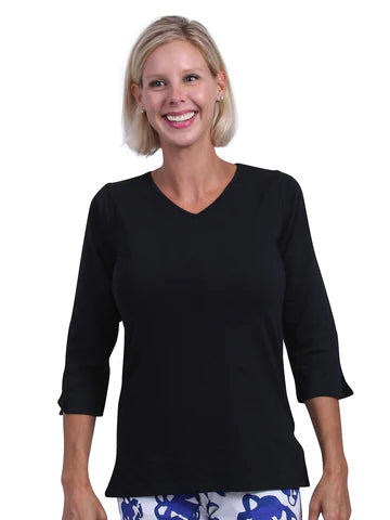 Front image of AnaClare Nicole top in black. 3/4 sleeve solid black top. 