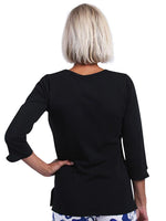 Back image of AnaClare Nicole top in black. 3/4 sleeve solid black top. 