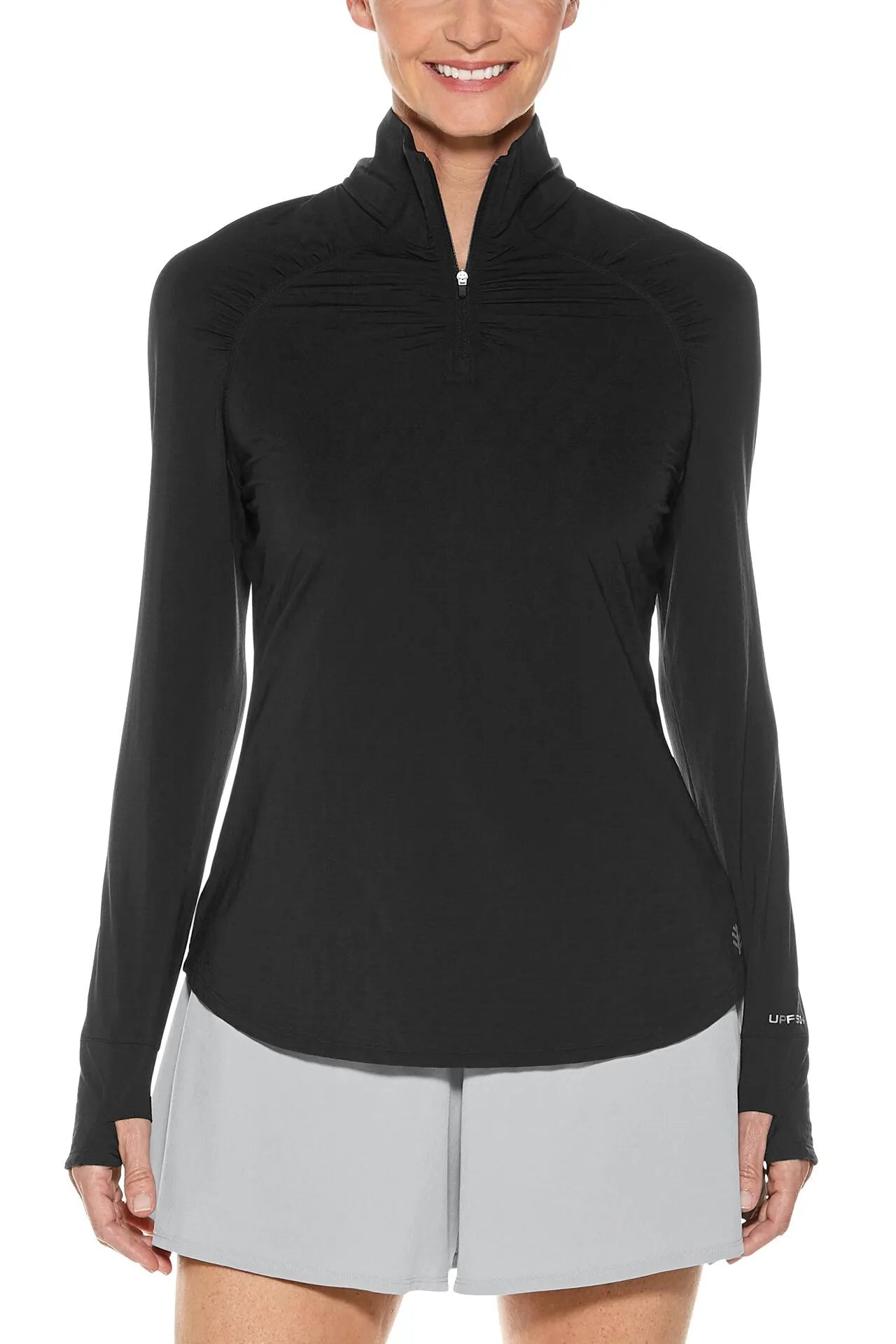 Front View Image  of Coolibar UPF 50+ Black Diamond Jacquard  Long Sleeve Quarter Zip Jacket. Arabella Quarter Zip Pullover
