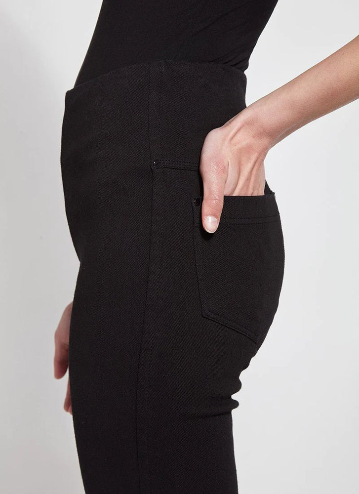 Side View Close up Image of Lysse Black Pull On Jeans with back pockets, Baby Bootcut Denim