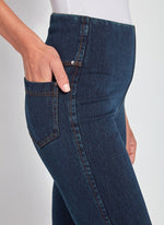 Side View Cloe Up Image of Indigo pull on jeans with back and side pockets, Baby Bootcut Denim