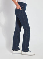 Side View Image of Indigo pull on jeans with back and side pockets, Baby Bootcut Denim
