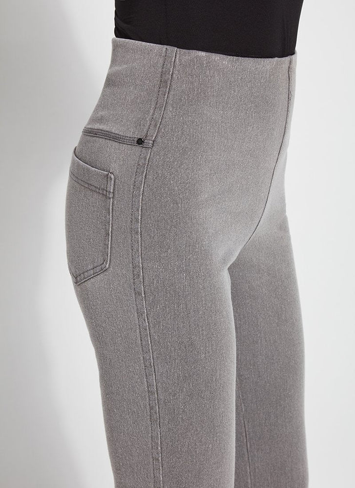 Side View Close Up  Image of Lysse Mid Wash Pull On Jeans with back pockets, Baby Bootcut Denim