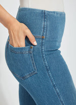Side View Close Up Image of Lysse Mid Wash Pull On Jeans with Back Pockets, Baby Bootcut Denim