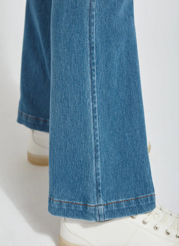 Side View Bottom Close Up Image of Lysse Mid Wash Pull On Jeans with back pockets, Baby Bootcut Denim