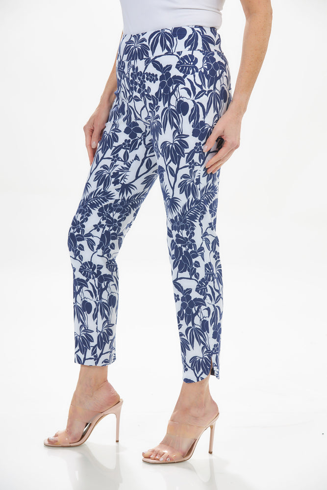Side image of Up! techno slim pant with petal trim. Blue and white tampa print. 