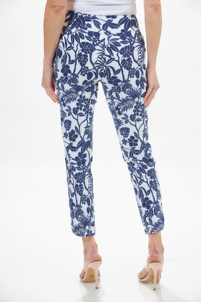 Back image of Up! techno slim pant with petal trim. Blue and white tampa print. 