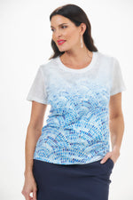 Front view of Fashion Cage fan print top. Short sleeve 3D fan print tee in blue. 