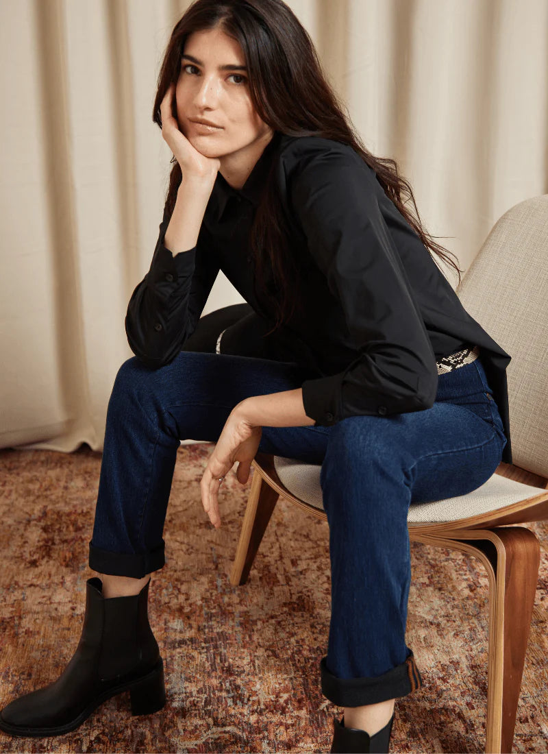 Glam Image of Indigo jeans with back pockets and cuffed leg, Boyfriend Denim