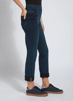 Side View Image of Indigo jeans with back pockets and cuffed leg, Boyfriend Denim