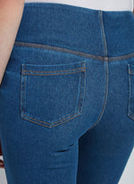 Back View  Close up Image of Mid Wash jeans with back pockets and cuffed leg, Boyfriend Denim