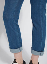 Bottom View Close Up Image of Mid Wash jeans with back pockets and cuffed leg, Boyfriend Denim