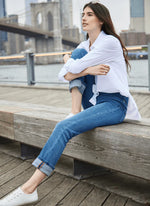 Glam View Image of Mid Wash jeans with back pockets and cuffed leg, Boyfriend Denim
