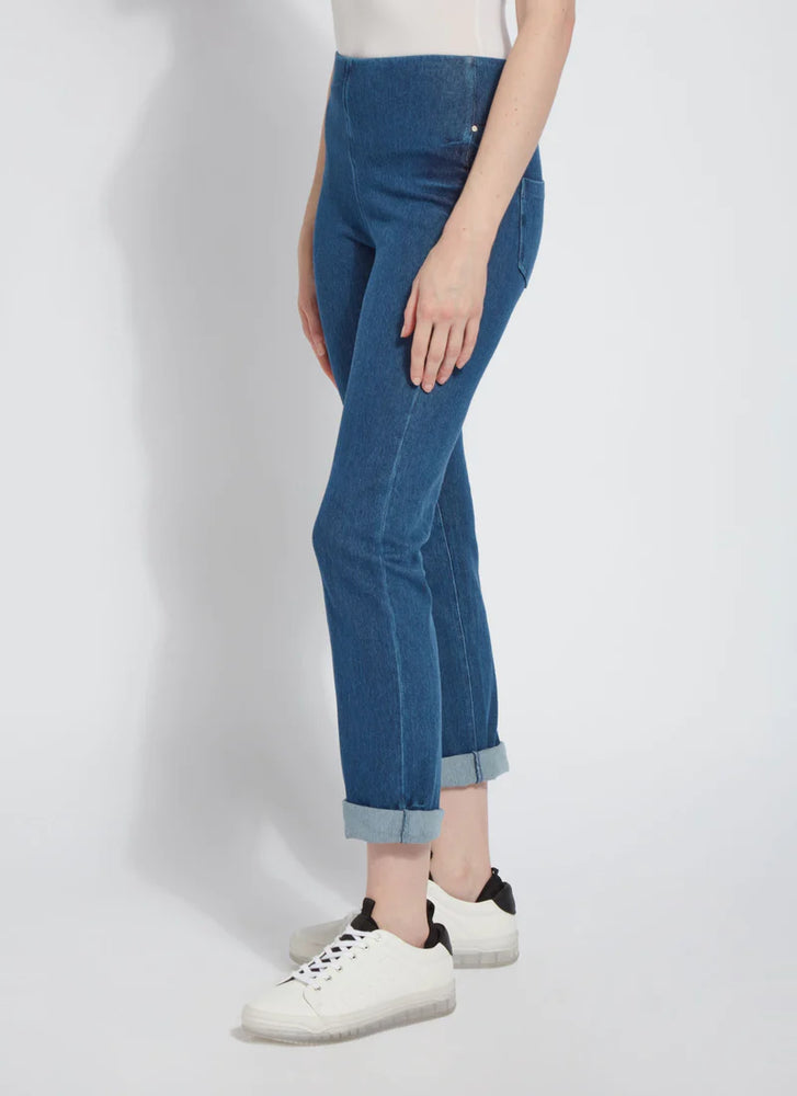 Side View Image of Mid Wash jeans with back pockets and cuffed leg, Boyfriend Denim