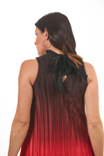 Close Up Back View Image of Patchington red ombre crinkle dress. Crinkle Pleated Hombre Dress