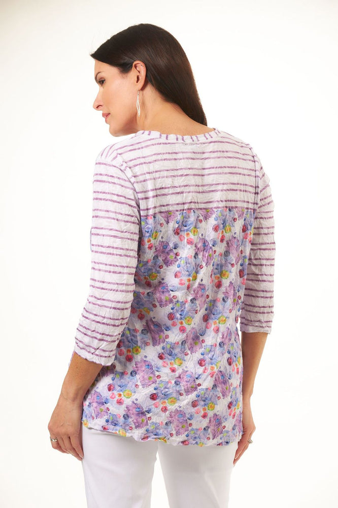 Back image of Shana crinkle v-neck top. Purple dots pattern. 