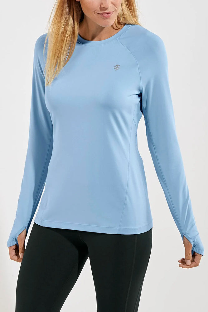 Front View image of Coolibar UPF 50+ Cloud Blue Fitness LOng Sleeve T-Shirt. Devi Long Sleeve Fitness T-Shirt 