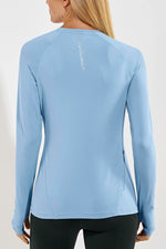 Back View image of Coolibar UPF 50+ Cloud Blue Fitness LOng Sleeve T-Shirt. Devi Long Sleeve Fitness T-Shirt