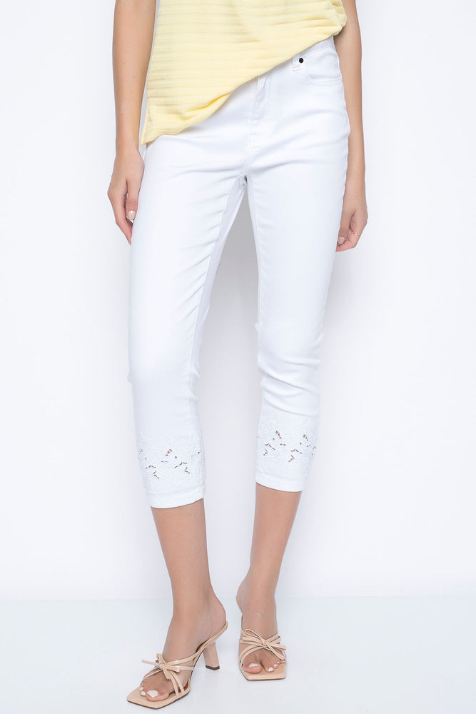 Front image of Picadilly cutout embroidered jean. White cropped denim pant. 