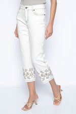 Front image of Picadilly wide leg embroidered denim pant. Off white cropped denim. 