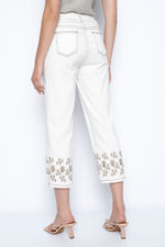 Back image of Picadilly wide leg embroidered denim pant. Off white cropped denim. 