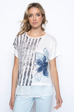 Front image of Picadilly short sleeve round neck chiffon trim top. Multi floral printed short sleeve top. 