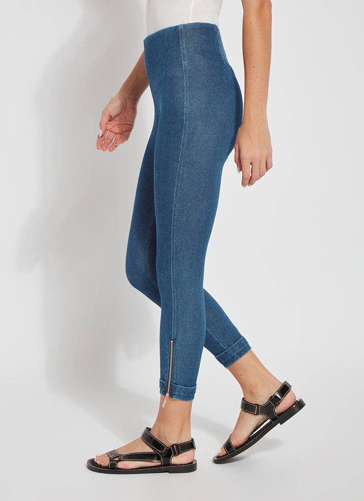 Side view of Lysse pull on crop pant. Midwash blue pull on. 