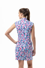 Back image of SanSoleil mock neck dress. Jungle printed dress with pockets. 