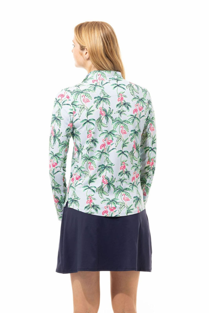 Back image of SanSoleil long sleeve mock neck top. Flamingo palm printed long sleeve. 