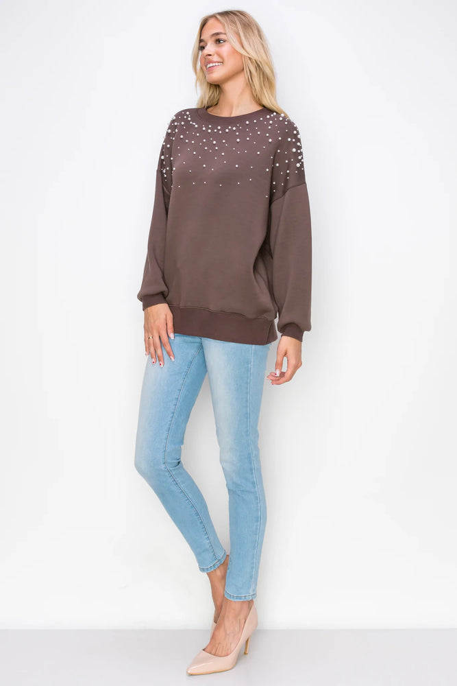 Front View Image of Patchington  Umber pearl  top sweater. Long Sleeve Frenna Pearl Top