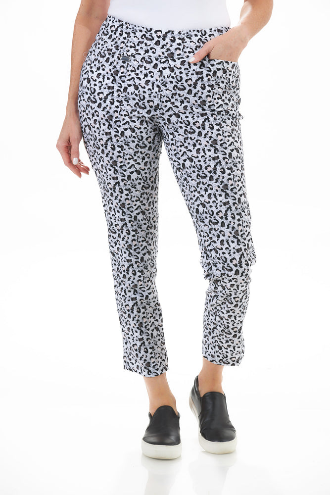Front View Image of Patchington Black/Grey Leopard print two front pocket ankle pant. Pull On 6 Way Stretch Ankle Pant 