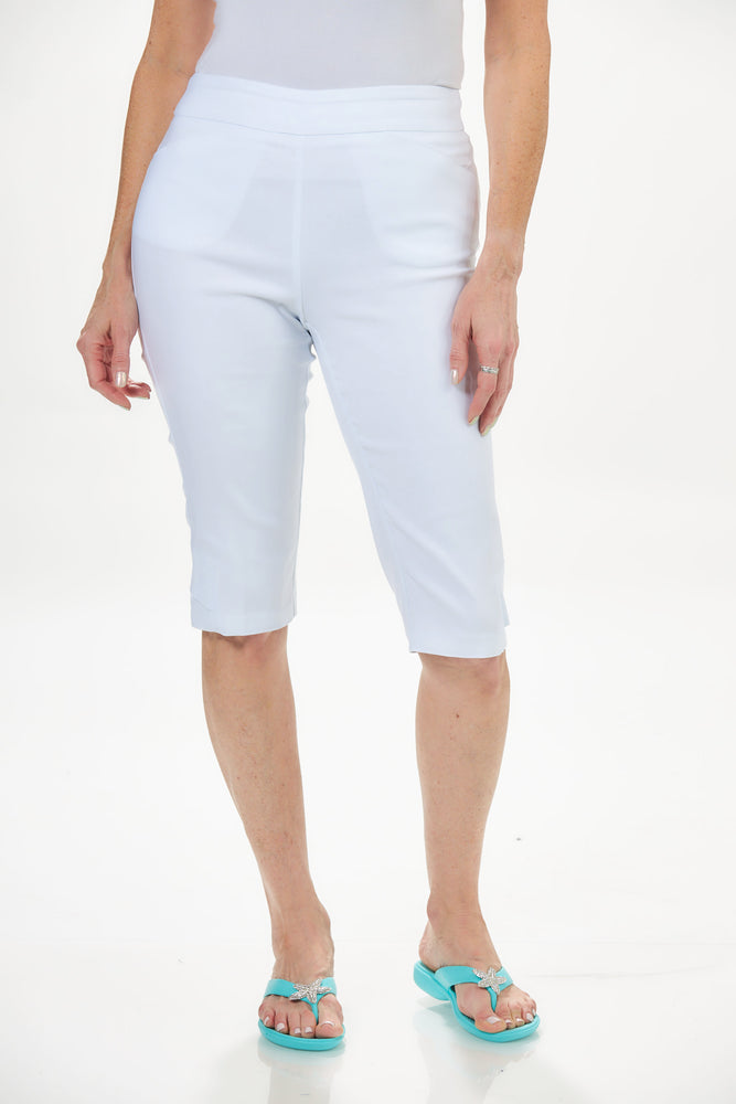 Front View Imgae of Patchington Resort Wear White bottom side detail Skimmer. Pull on 16" side Leg Detail Skimmer