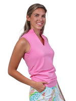 Front image of AnaClare Hadley sleeveless top. Pink v-neck top. 