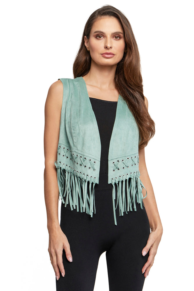 Front image of Adore micro suede fringe vest. Sleeveless open front green vest. 