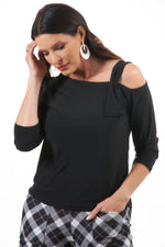 Front View Image of Destination Collection Black One shoulder top, Destination Collection - One Shoulder Top 