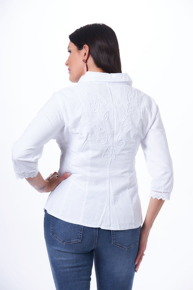 3/4 Sleeve Button Front Embroidered Blouse