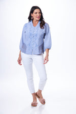 3/4 Sleeve Button Front Embroidered Blouse