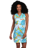 Front image of Anaclare Sheila sleeveless printed shift dress. Turtle cove print. 