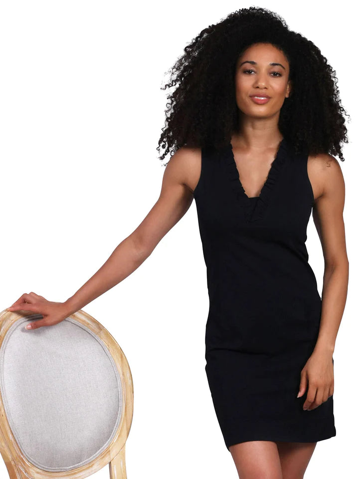 Front image of AnaClare rebecca sleeveless solid dress. Ruffle neckline black dress. 