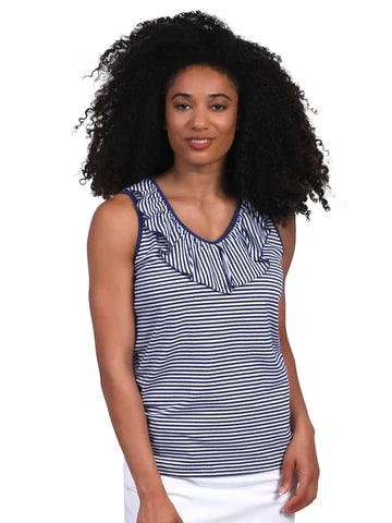 Front image of AnaClare ruffle front striped tank top. Baylor sleeveless ruffle top. 