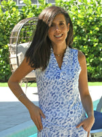 Front image of Calla Printed Ruffle Top. Blue animal printed little kat ruffle neckline top. 