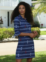 Front image of AnaClare Marin printed polo dress. Blue nautical printed dress. 