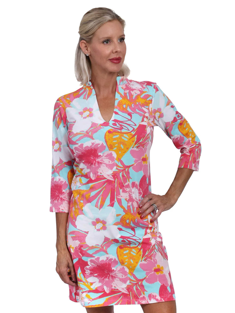 Front image of AnaClare finlay mandarin collar sheath dress. Tahiti floral print. 