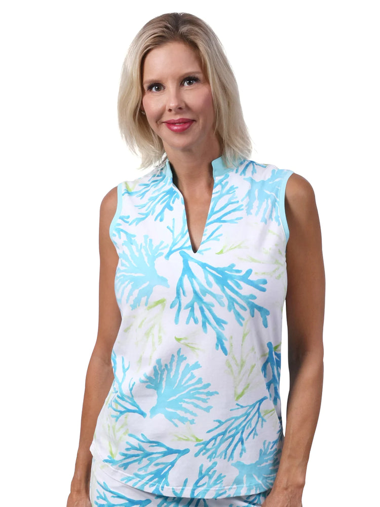 Front image of AnaClare hadley sleeveless top in Belize print. 