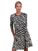 Front image of AnaClare ethyl printed swing dress. 3/4 Sleeve zebra printed dress. 