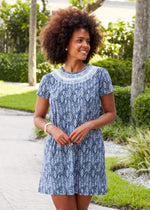 Front image of cabana life short sleeve shift dress in sanibel print. 