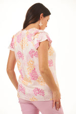 Back view of Tribal flutter sleeve print blouse. Sorbet floral print. 