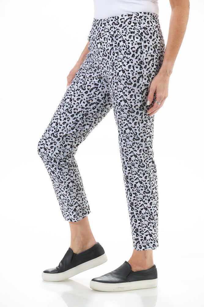 Side View Image of Patchington Black/Grey Leopard print two front pocket ankle pant. Pull On 6 Way Stretch Ankle Pant